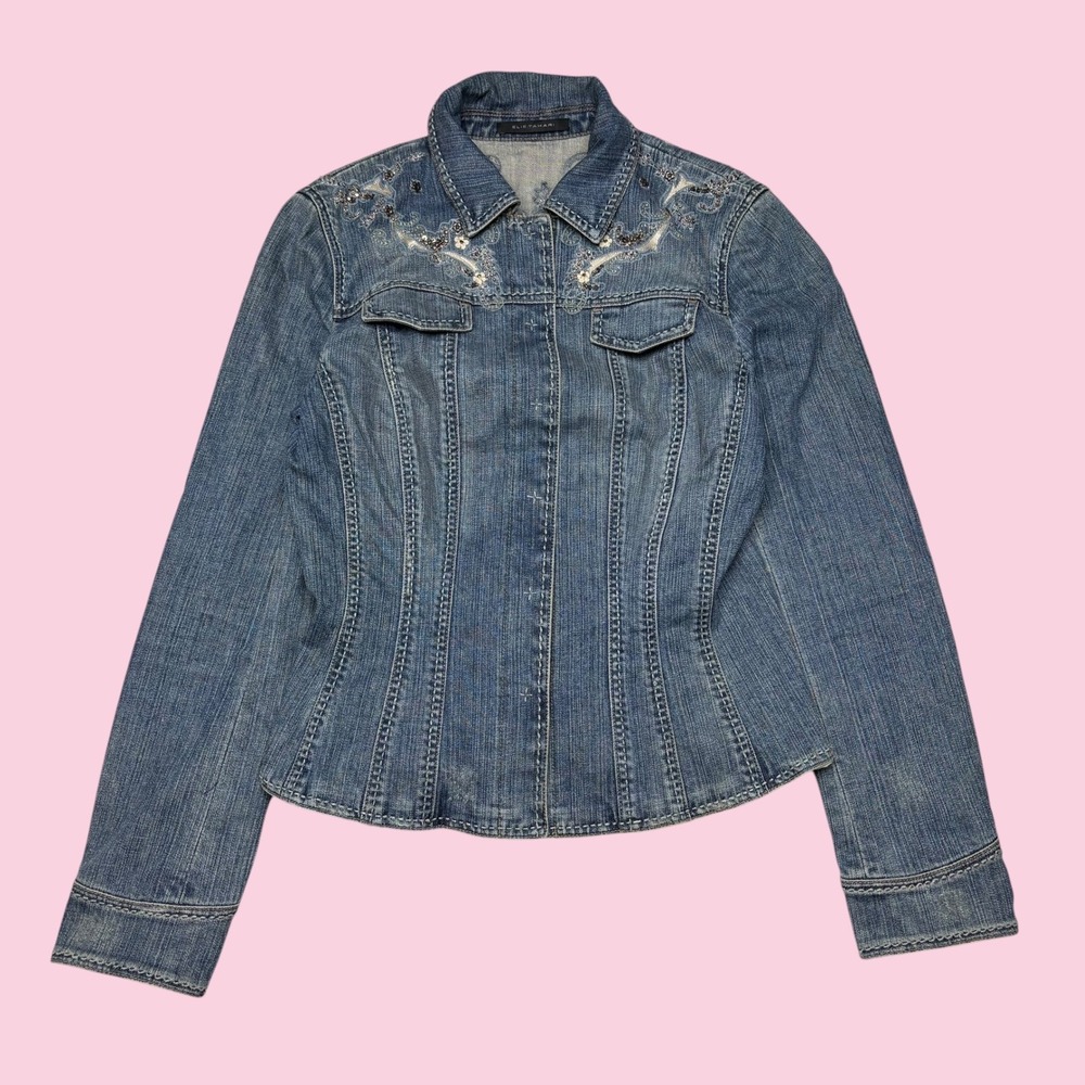 Elie Tahari Womens Medium Wash Embroidered Sequin Denim Jacket Floral Boho